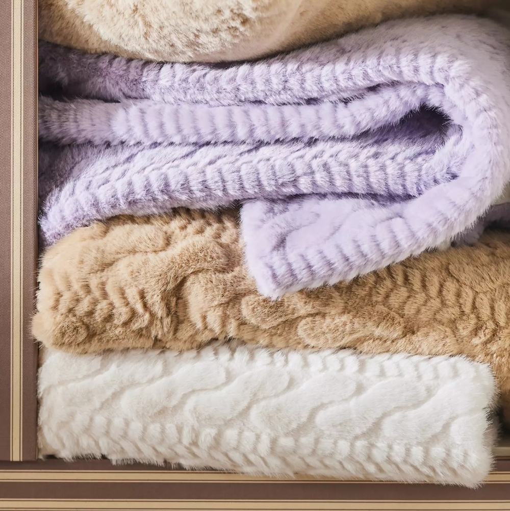Anthropologie Ivory Faux Fur Cable-Knit Sweater Throw Blanket